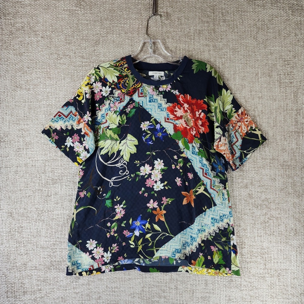 Johnny Was‎ Silk Floral Top Tee Shirt Womens XS Navy Multicolor Short Sleeve